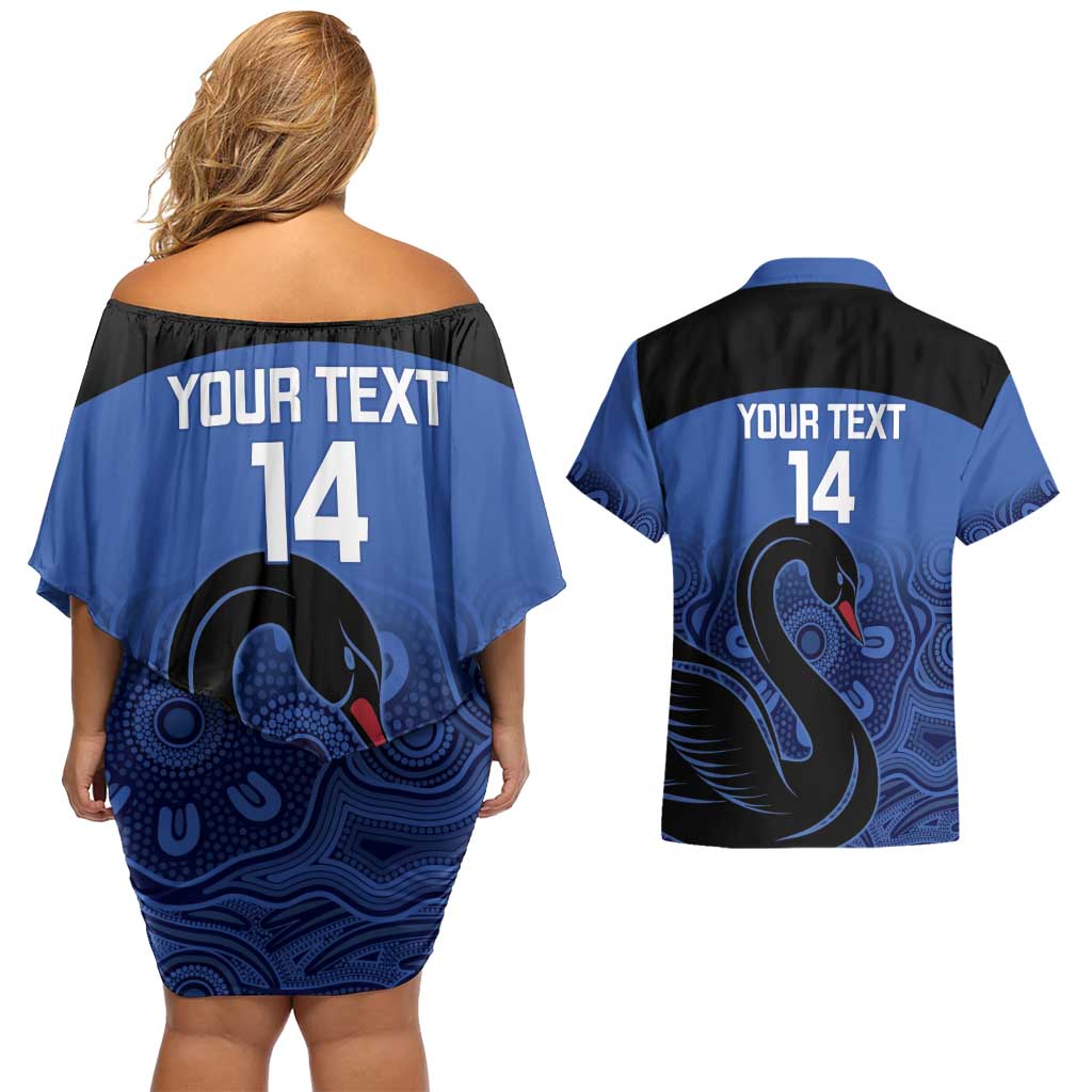 Custom Australia Western Force Couples Matching Off Shoulder Short Dress and Hawaiian Shirt Black Swan Aboriginal Blue Version