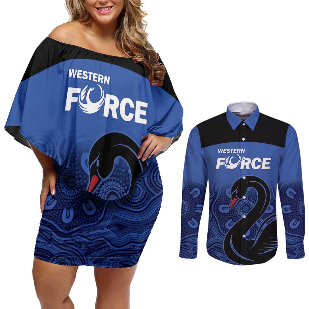 Custom Australia Western Force Couples Matching Off Shoulder Short Dress and Long Sleeve Button Shirt Black Swan Aboriginal Blue Version
