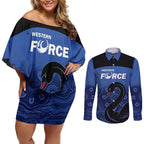 Custom Australia Western Force Couples Matching Off Shoulder Short Dress and Long Sleeve Button Shirt Black Swan Aboriginal Blue Version