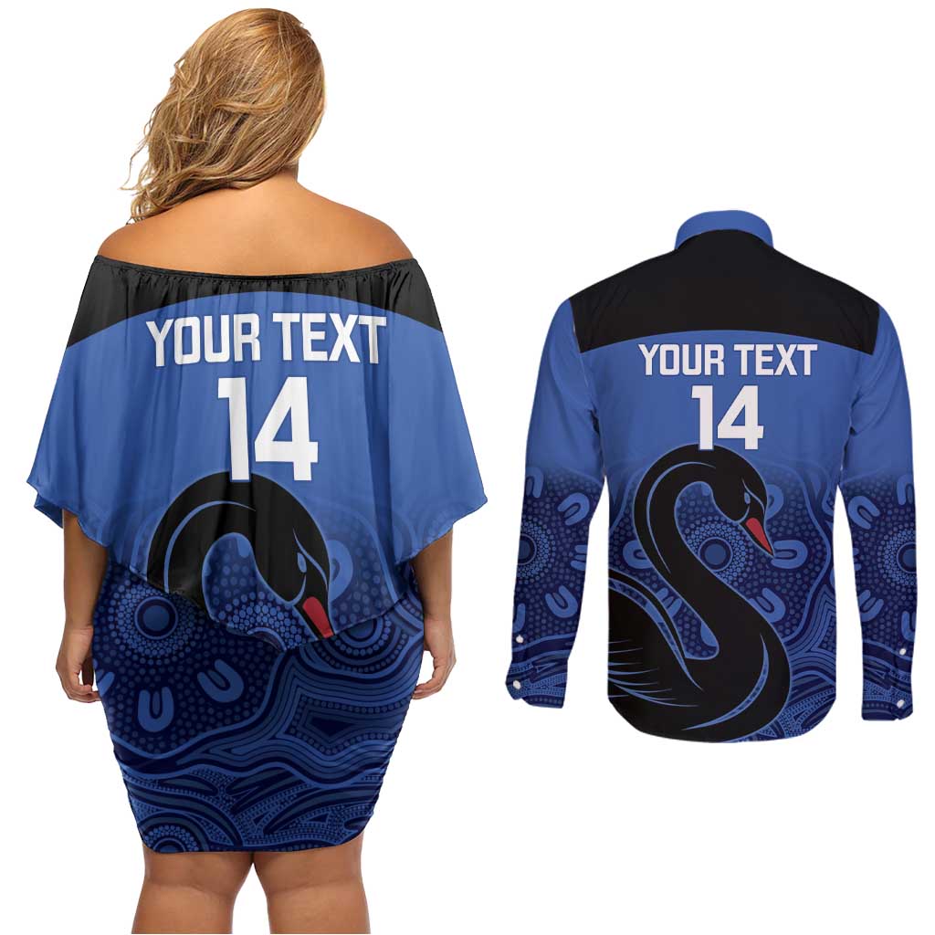 Custom Australia Western Force Couples Matching Off Shoulder Short Dress and Long Sleeve Button Shirt Black Swan Aboriginal Blue Version