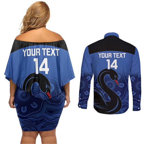 Custom Australia Western Force Couples Matching Off Shoulder Short Dress and Long Sleeve Button Shirt Black Swan Aboriginal Blue Version