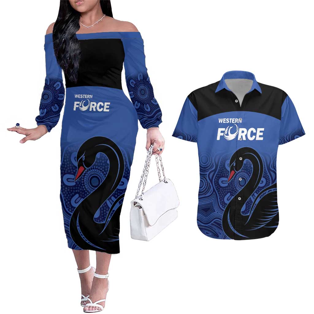 Custom Australia Western Force Couples Matching Off The Shoulder Long Sleeve Dress and Hawaiian Shirt Black Swan Aboriginal Blue Version