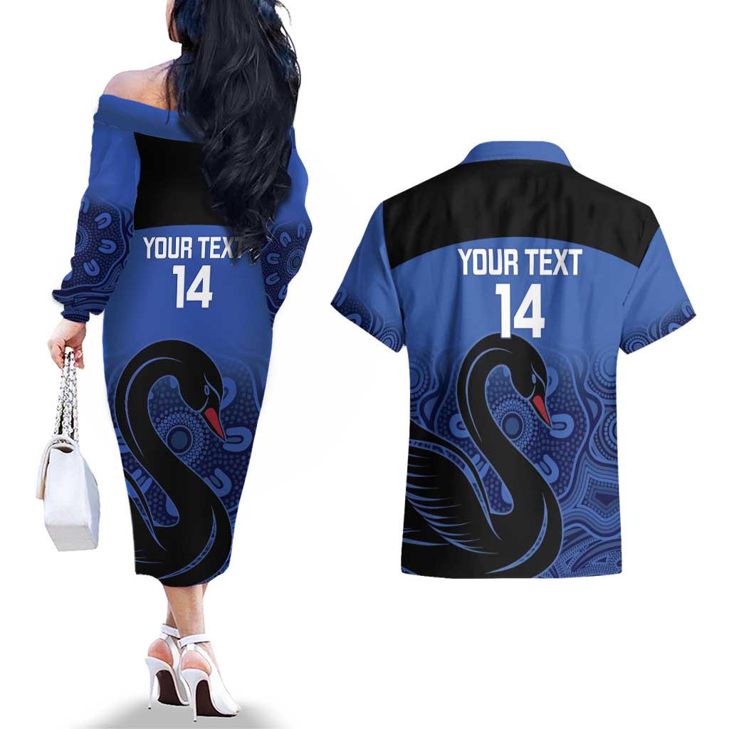 Custom Australia Western Force Couples Matching Off The Shoulder Long Sleeve Dress and Hawaiian Shirt Black Swan Aboriginal Blue Version
