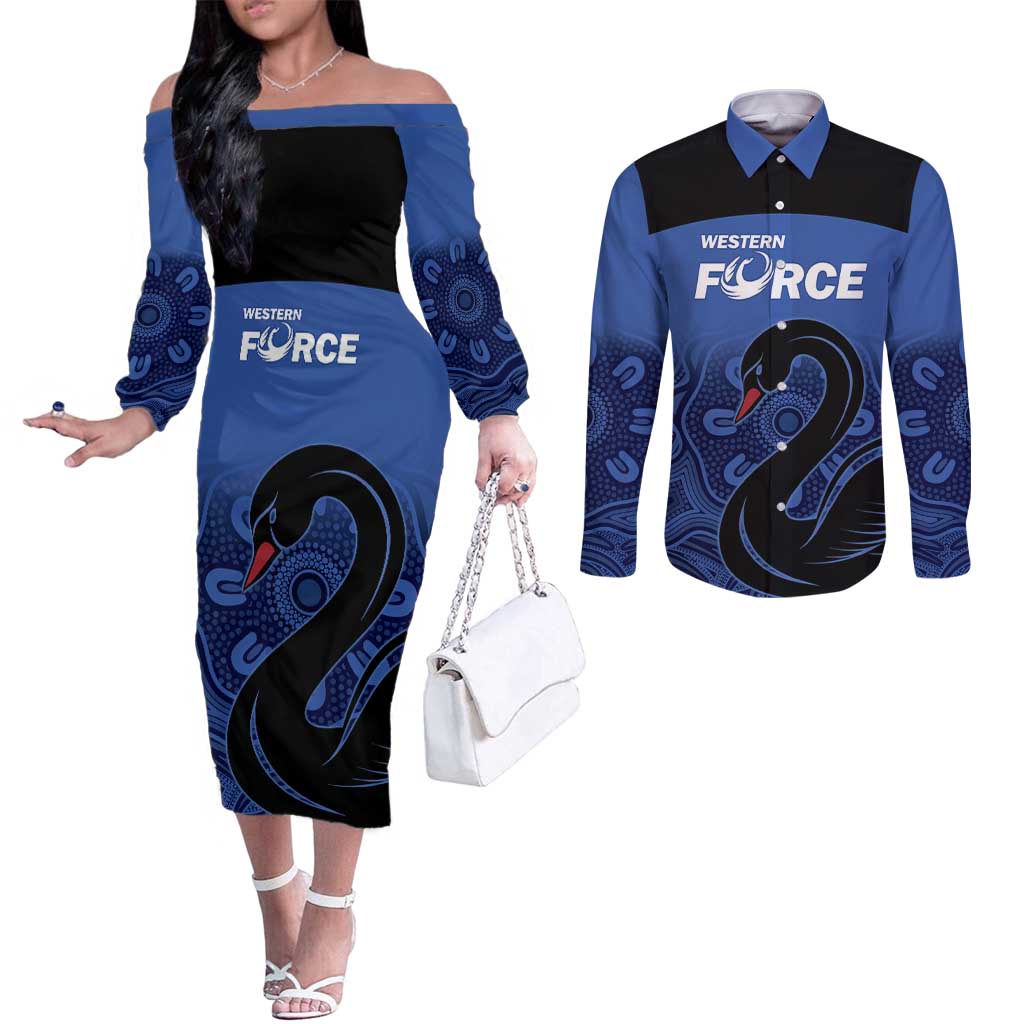 Custom Australia Western Force Couples Matching Off The Shoulder Long Sleeve Dress and Long Sleeve Button Shirt Black Swan Aboriginal Blue Version