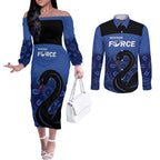 Custom Australia Western Force Couples Matching Off The Shoulder Long Sleeve Dress and Long Sleeve Button Shirt Black Swan Aboriginal Blue Version