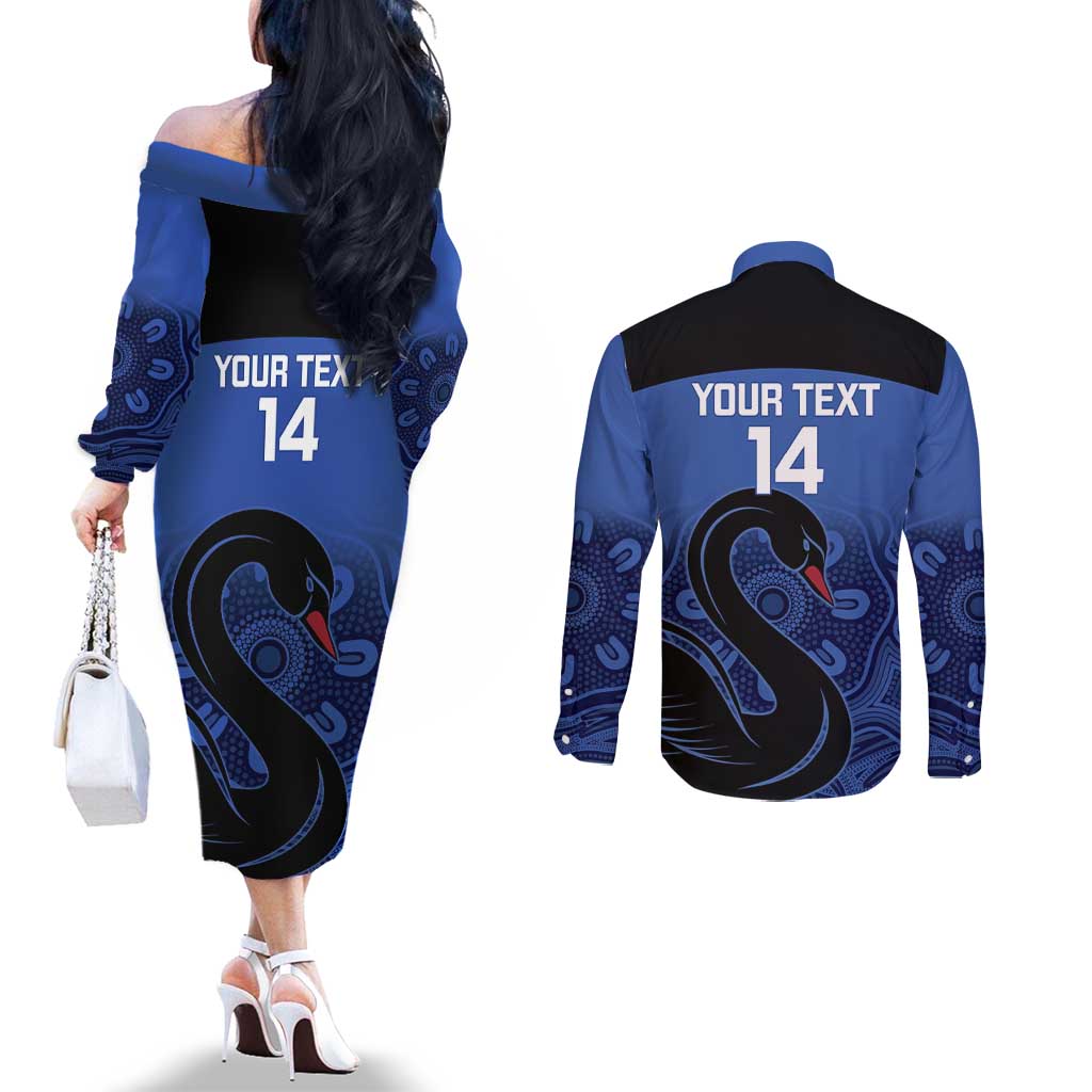 Custom Australia Western Force Couples Matching Off The Shoulder Long Sleeve Dress and Long Sleeve Button Shirt Black Swan Aboriginal Blue Version
