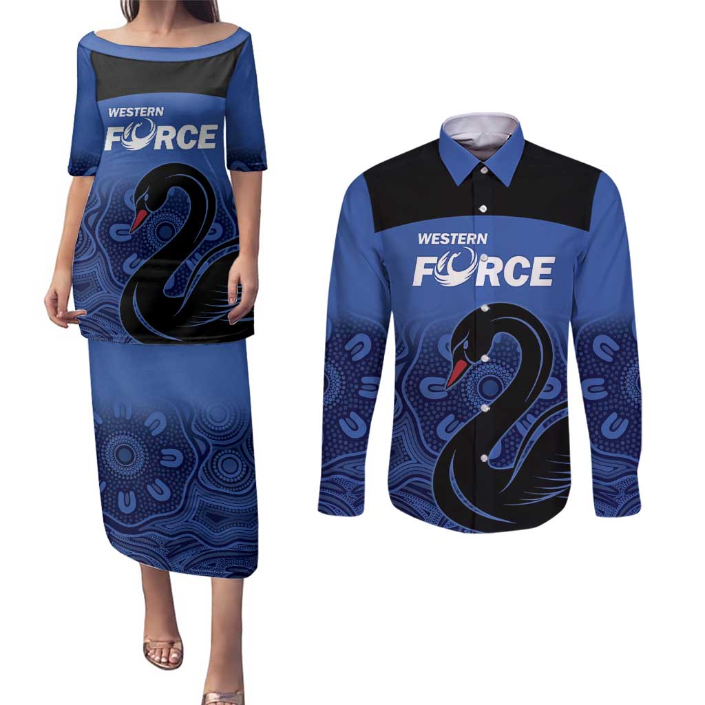 Custom Australia Western Force Couples Matching Puletasi and Long Sleeve Button Shirt Black Swan Aboriginal Blue Version