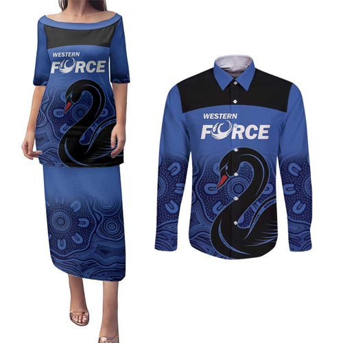 Custom Australia Western Force Couples Matching Puletasi and Long Sleeve Button Shirt Black Swan Aboriginal Blue Version