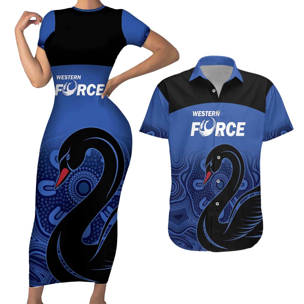 Custom Australia Western Force Couples Matching Short Sleeve Bodycon Dress and Hawaiian Shirt Black Swan Aboriginal Blue Version
