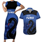 Custom Australia Western Force Couples Matching Short Sleeve Bodycon Dress and Hawaiian Shirt Black Swan Aboriginal Blue Version