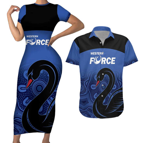 Custom Australia Western Force Couples Matching Short Sleeve Bodycon Dress and Hawaiian Shirt Black Swan Aboriginal Blue Version