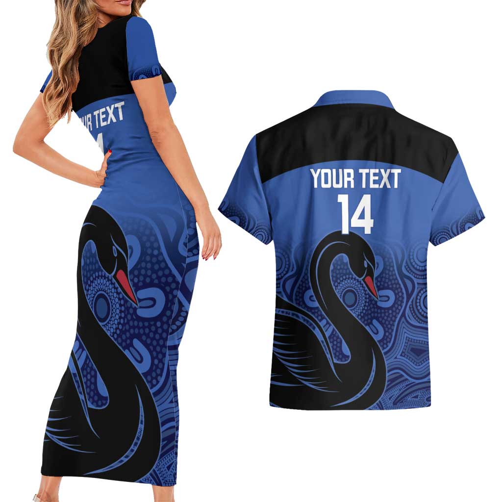 Custom Australia Western Force Couples Matching Short Sleeve Bodycon Dress and Hawaiian Shirt Black Swan Aboriginal Blue Version