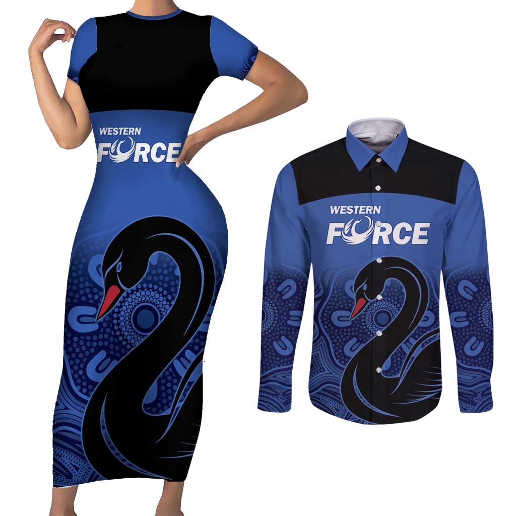 Custom Australia Western Force Couples Matching Short Sleeve Bodycon Dress and Long Sleeve Button Shirt Black Swan Aboriginal Blue Version