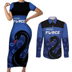 Custom Australia Western Force Couples Matching Short Sleeve Bodycon Dress and Long Sleeve Button Shirt Black Swan Aboriginal Blue Version