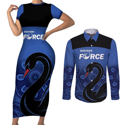 Custom Australia Western Force Couples Matching Short Sleeve Bodycon Dress and Long Sleeve Button Shirt Black Swan Aboriginal Blue Version