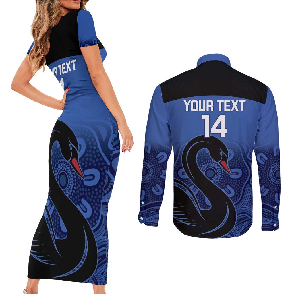 Custom Australia Western Force Couples Matching Short Sleeve Bodycon Dress and Long Sleeve Button Shirt Black Swan Aboriginal Blue Version