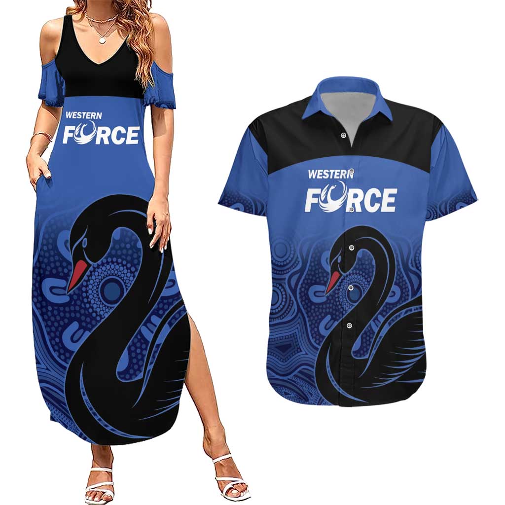Custom Australia Western Force Couples Matching Summer Maxi Dress and Hawaiian Shirt Black Swan Aboriginal Blue Version