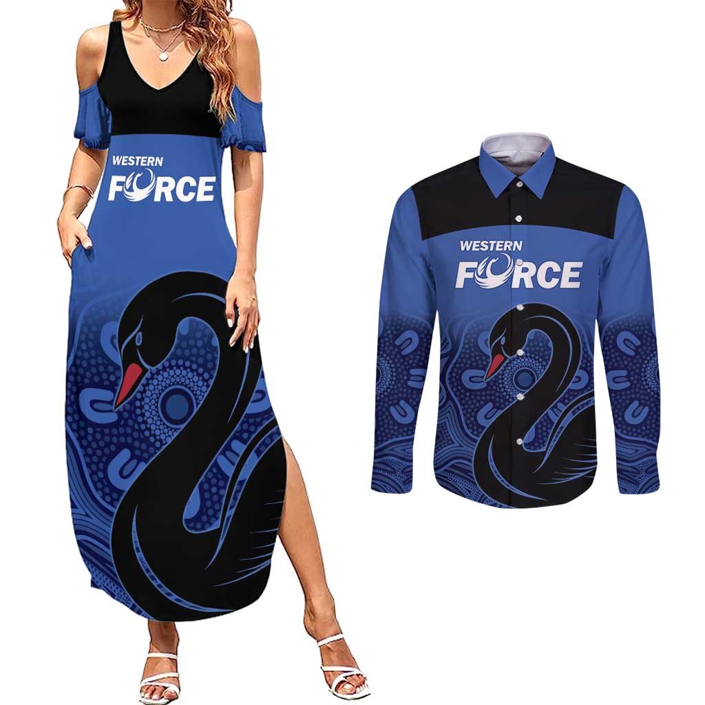 Custom Australia Western Force Couples Matching Summer Maxi Dress and Long Sleeve Button Shirt Black Swan Aboriginal Blue Version