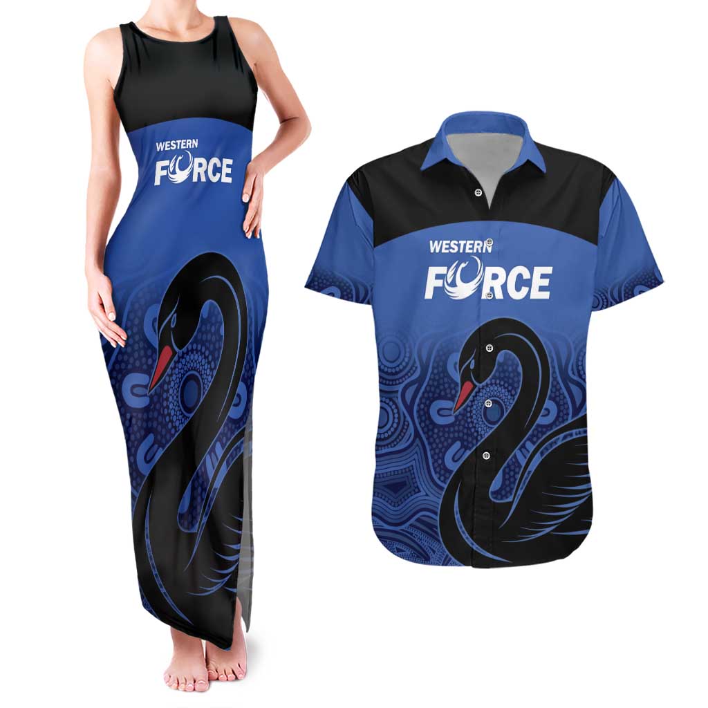 Custom Australia Western Force Couples Matching Tank Maxi Dress and Hawaiian Shirt Black Swan Aboriginal Blue Version