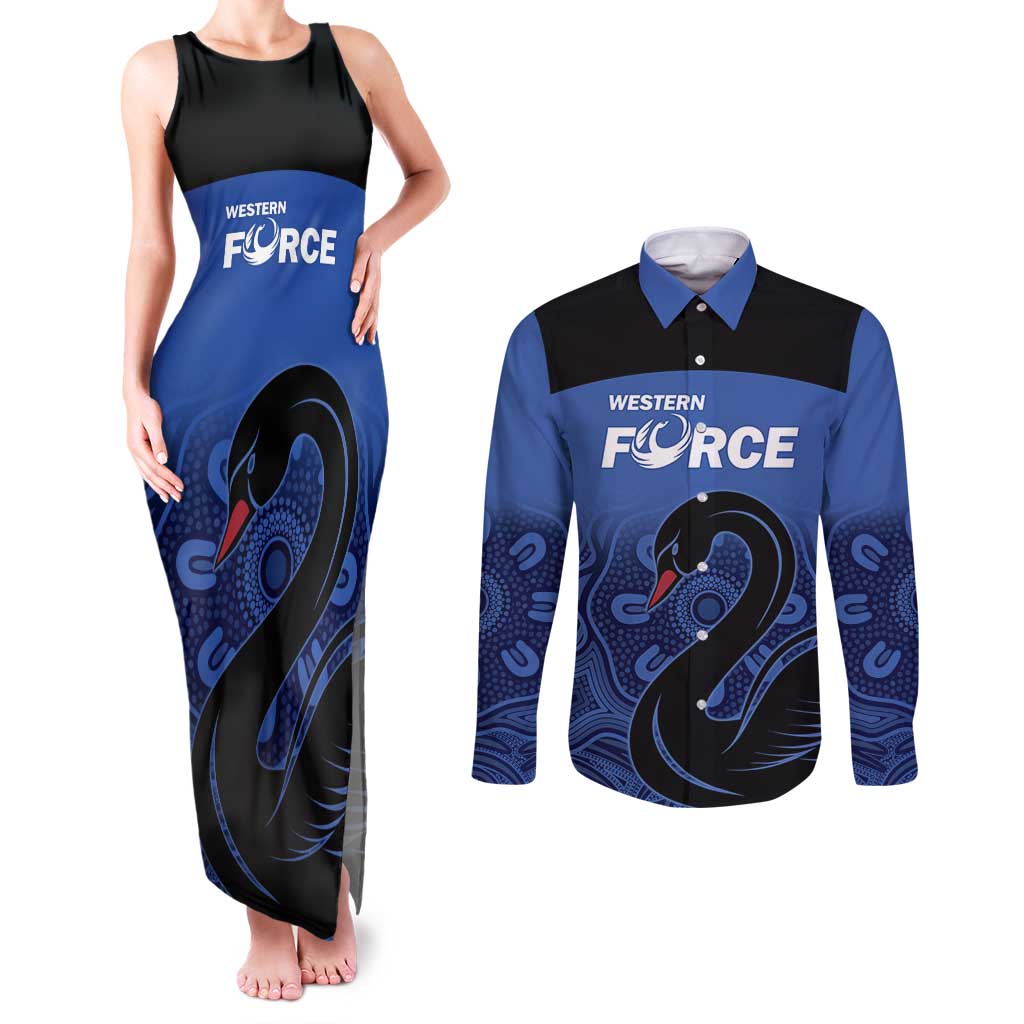 Custom Australia Western Force Couples Matching Tank Maxi Dress and Long Sleeve Button Shirt Black Swan Aboriginal Blue Version
