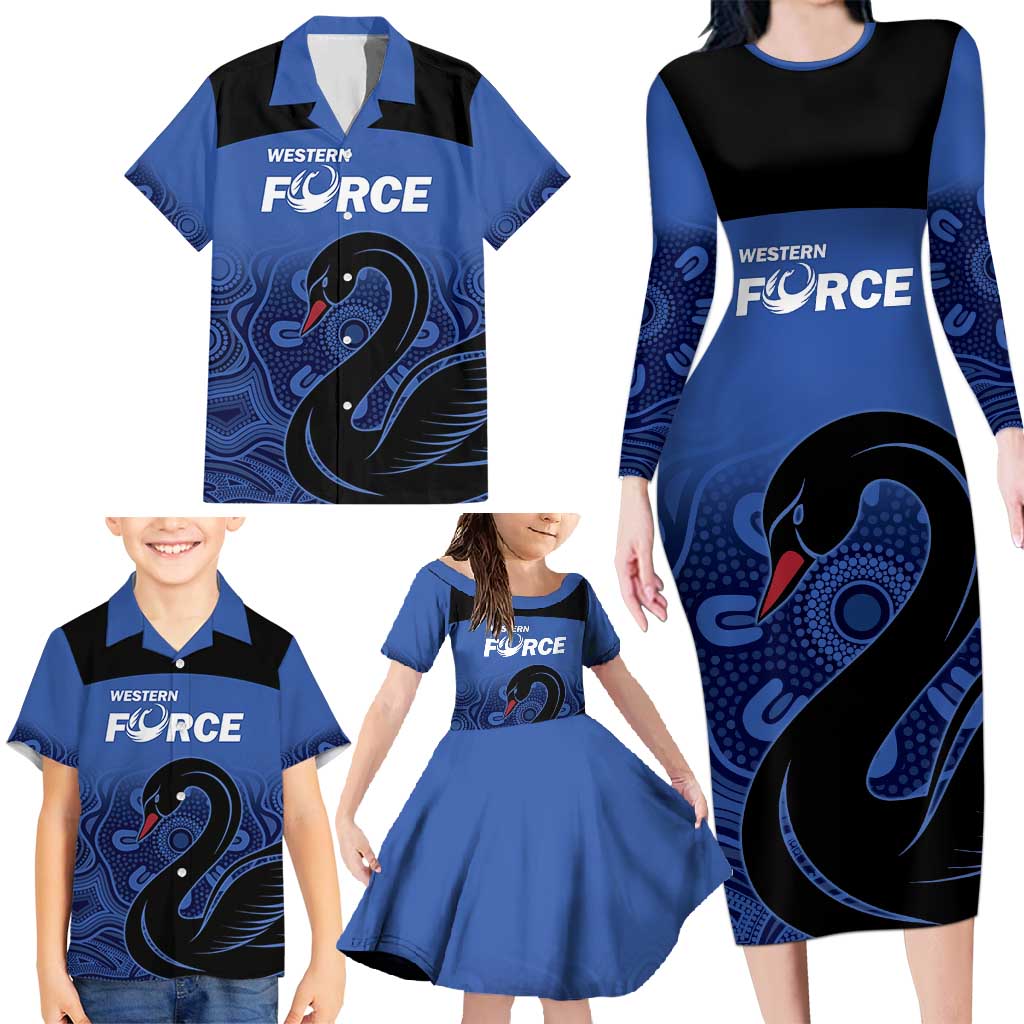 Custom Australia Western Force Family Matching Long Sleeve Bodycon Dress and Hawaiian Shirt Black Swan Aboriginal Blue Version