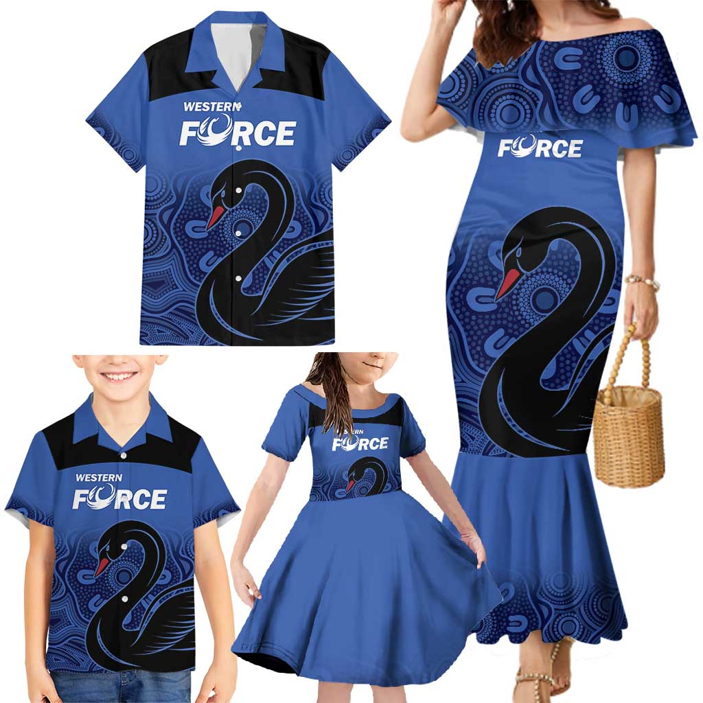 Custom Australia Western Force Family Matching Mermaid Dress and Hawaiian Shirt Black Swan Aboriginal Blue Version