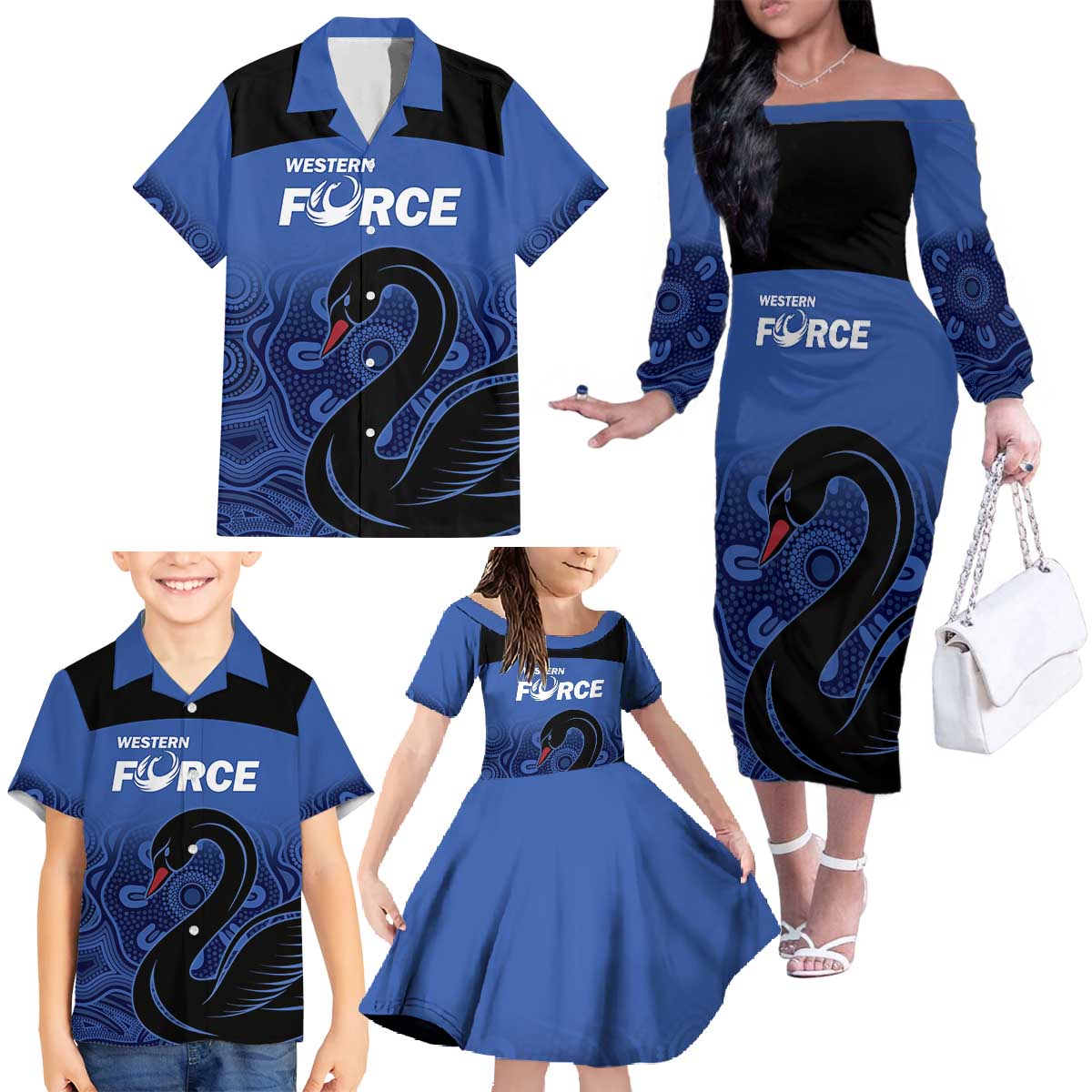Custom Australia Western Force Family Matching Off The Shoulder Long Sleeve Dress and Hawaiian Shirt Black Swan Aboriginal Blue Version