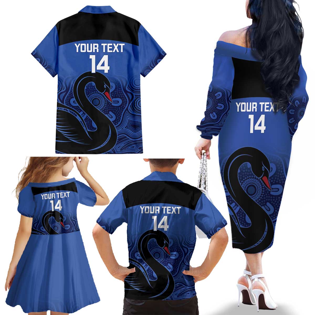 Custom Australia Western Force Family Matching Off The Shoulder Long Sleeve Dress and Hawaiian Shirt Black Swan Aboriginal Blue Version