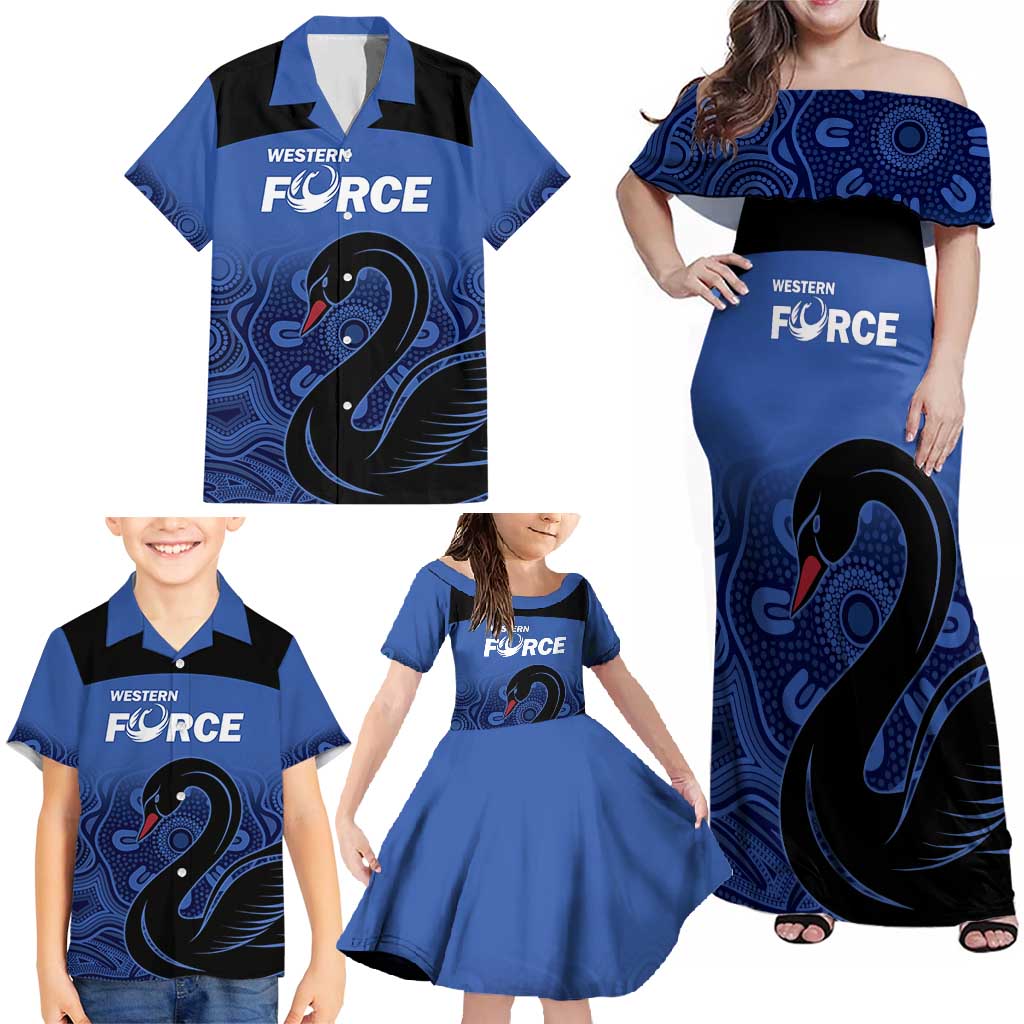Custom Australia Western Force Family Matching Off Shoulder Maxi Dress and Hawaiian Shirt Black Swan Aboriginal Blue Version