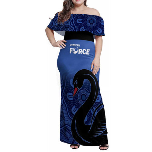 Custom Australia Western Force Family Matching Off Shoulder Maxi Dress and Hawaiian Shirt Black Swan Aboriginal Blue Version