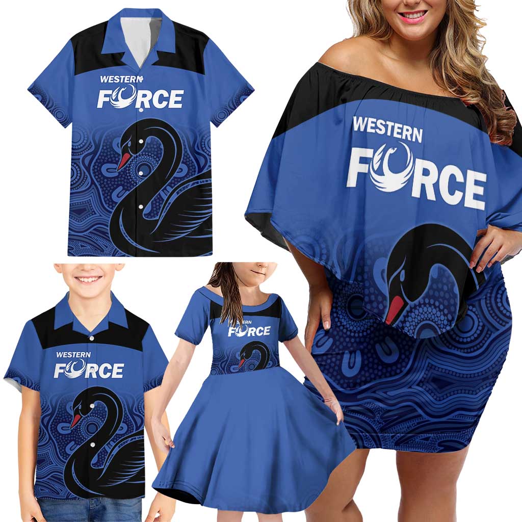 Custom Australia Western Force Family Matching Off Shoulder Short Dress and Hawaiian Shirt Black Swan Aboriginal Blue Version