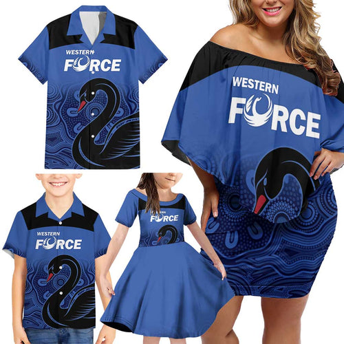 Custom Australia Western Force Family Matching Off Shoulder Short Dress and Hawaiian Shirt Black Swan Aboriginal Blue Version