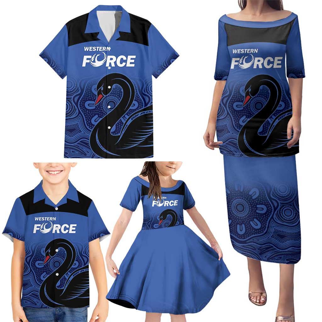 Custom Australia Western Force Family Matching Puletasi and Hawaiian Shirt Black Swan Aboriginal Blue Version