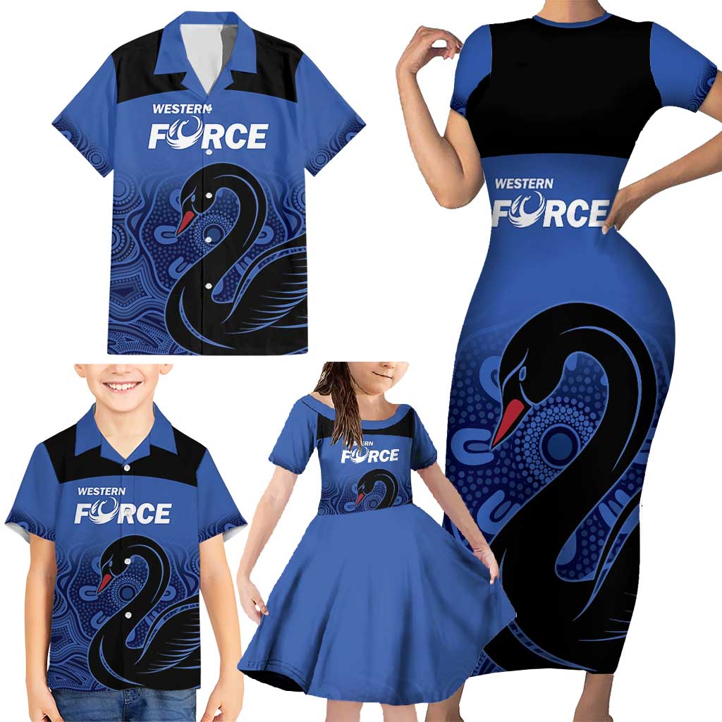 Custom Australia Western Force Family Matching Short Sleeve Bodycon Dress and Hawaiian Shirt Black Swan Aboriginal Blue Version