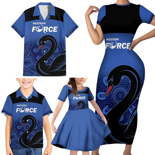 Custom Australia Western Force Family Matching Short Sleeve Bodycon Dress and Hawaiian Shirt Black Swan Aboriginal Blue Version
