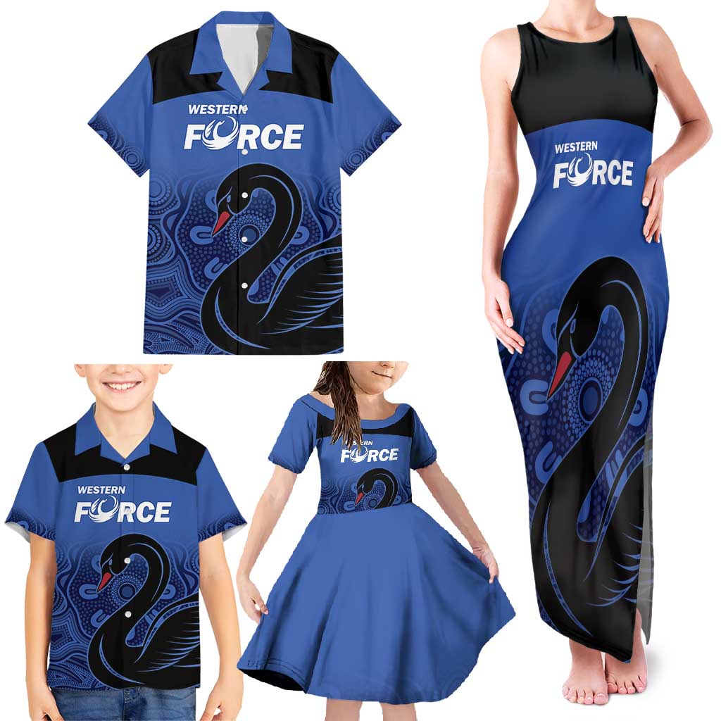 Custom Australia Western Force Family Matching Tank Maxi Dress and Hawaiian Shirt Black Swan Aboriginal Blue Version