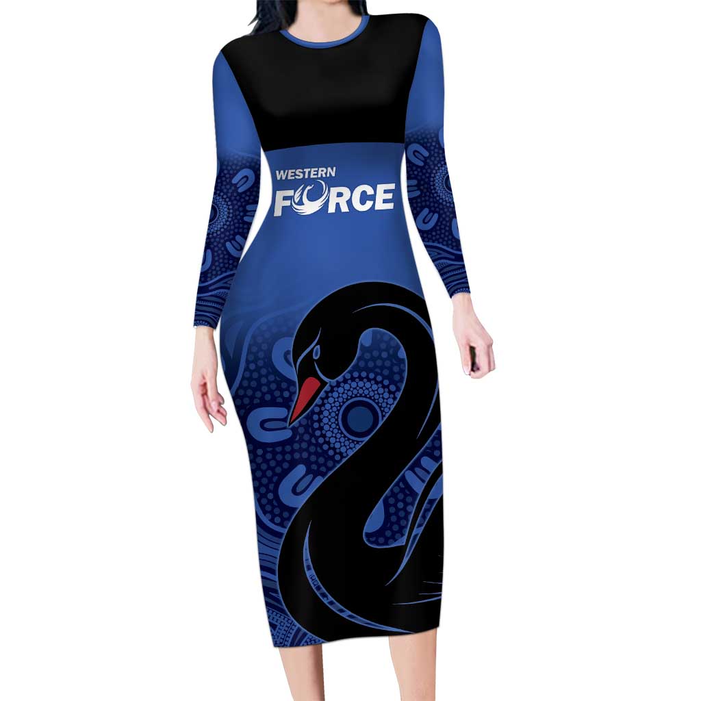 Custom Australia Western Force Long Sleeve Bodycon Dress Black Swan Aboriginal Blue Version