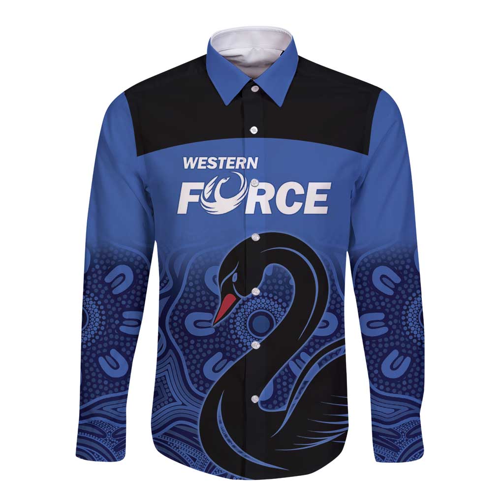 Custom Australia Western Force Long Sleeve Button Shirt Black Swan Aboriginal Blue Version