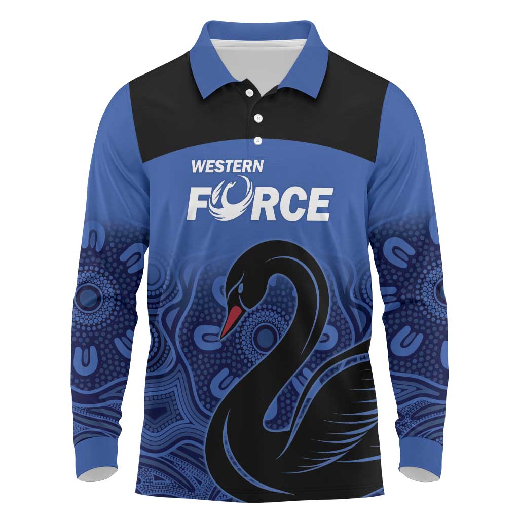Custom Australia Western Force Long Sleeve Polo Shirt Black Swan Aboriginal Blue Version