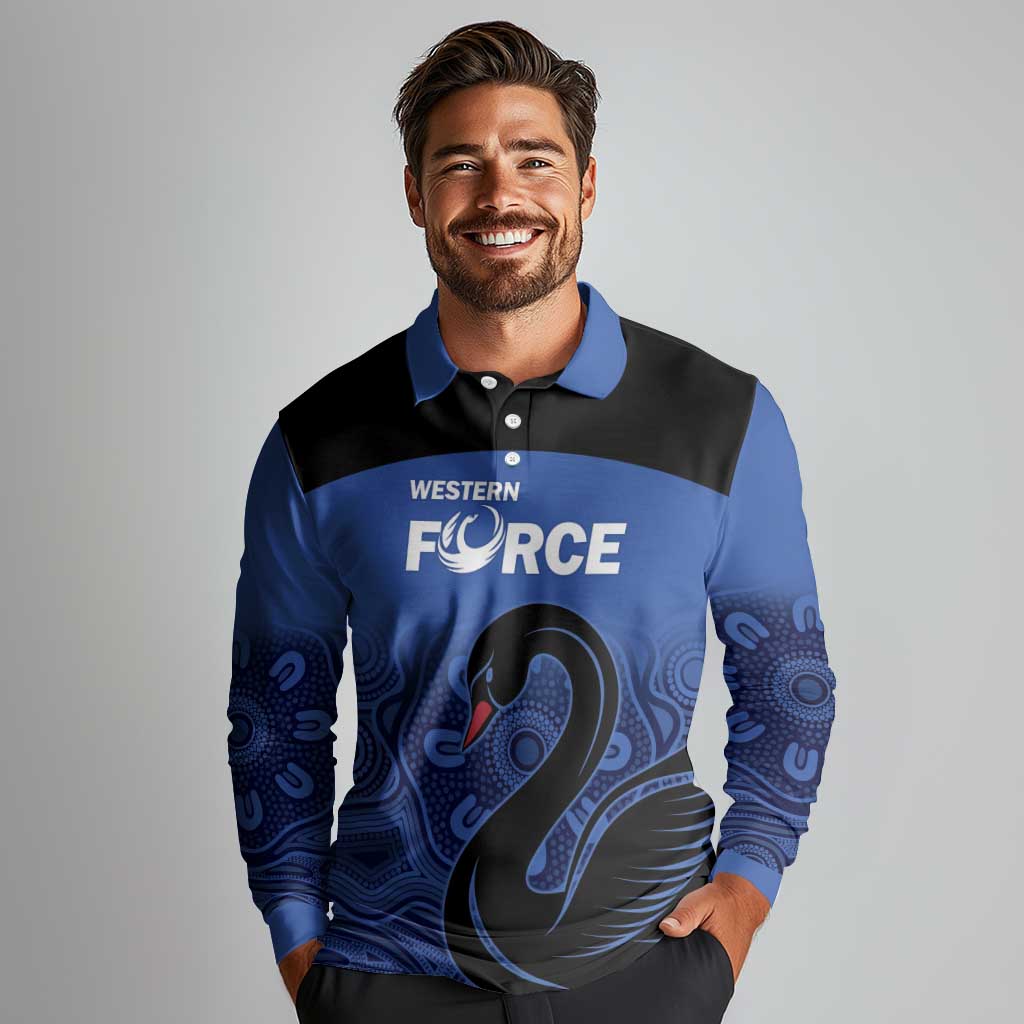 Custom Australia Western Force Long Sleeve Polo Shirt Black Swan Aboriginal Blue Version