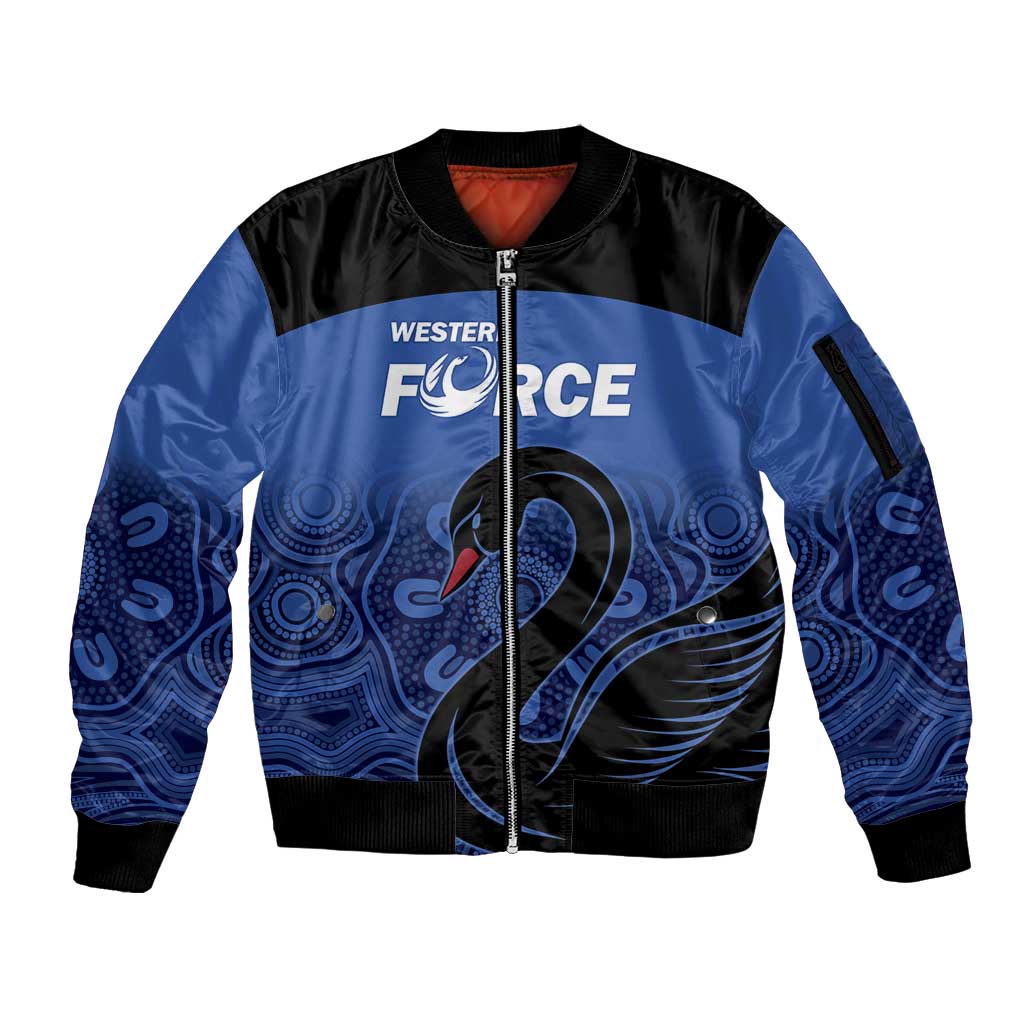 Custom Australia Western Force Sleeve Zip Bomber Jacket Black Swan Aboriginal Blue Version