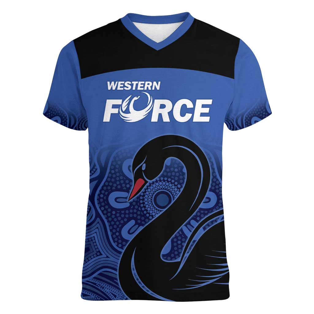 Custom Australia Western Force Women V-Neck T-Shirt Black Swan Aboriginal Blue Version