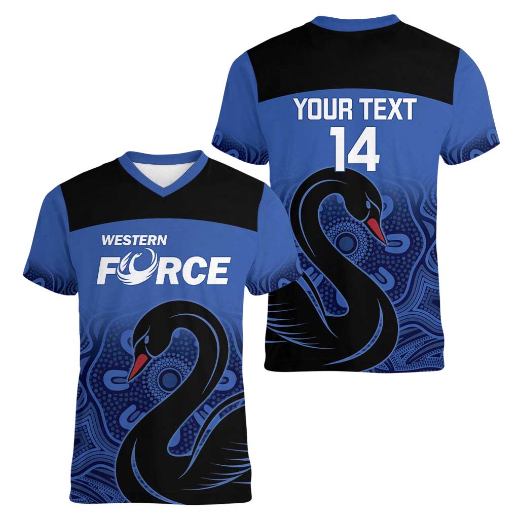 Custom Australia Western Force Women V-Neck T-Shirt Black Swan Aboriginal Blue Version