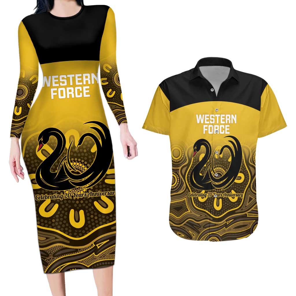 Custom Australia Western Force Couples Matching Long Sleeve Bodycon Dress and Hawaiian Shirt 20 Years Anniversary Aboriginal Yellow Version