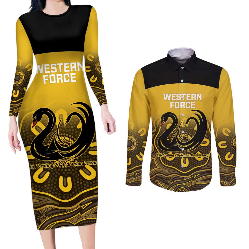 Custom Australia Western Force Couples Matching Long Sleeve Bodycon Dress and Long Sleeve Button Shirt 20 Years Anniversary Aboriginal Yellow Version