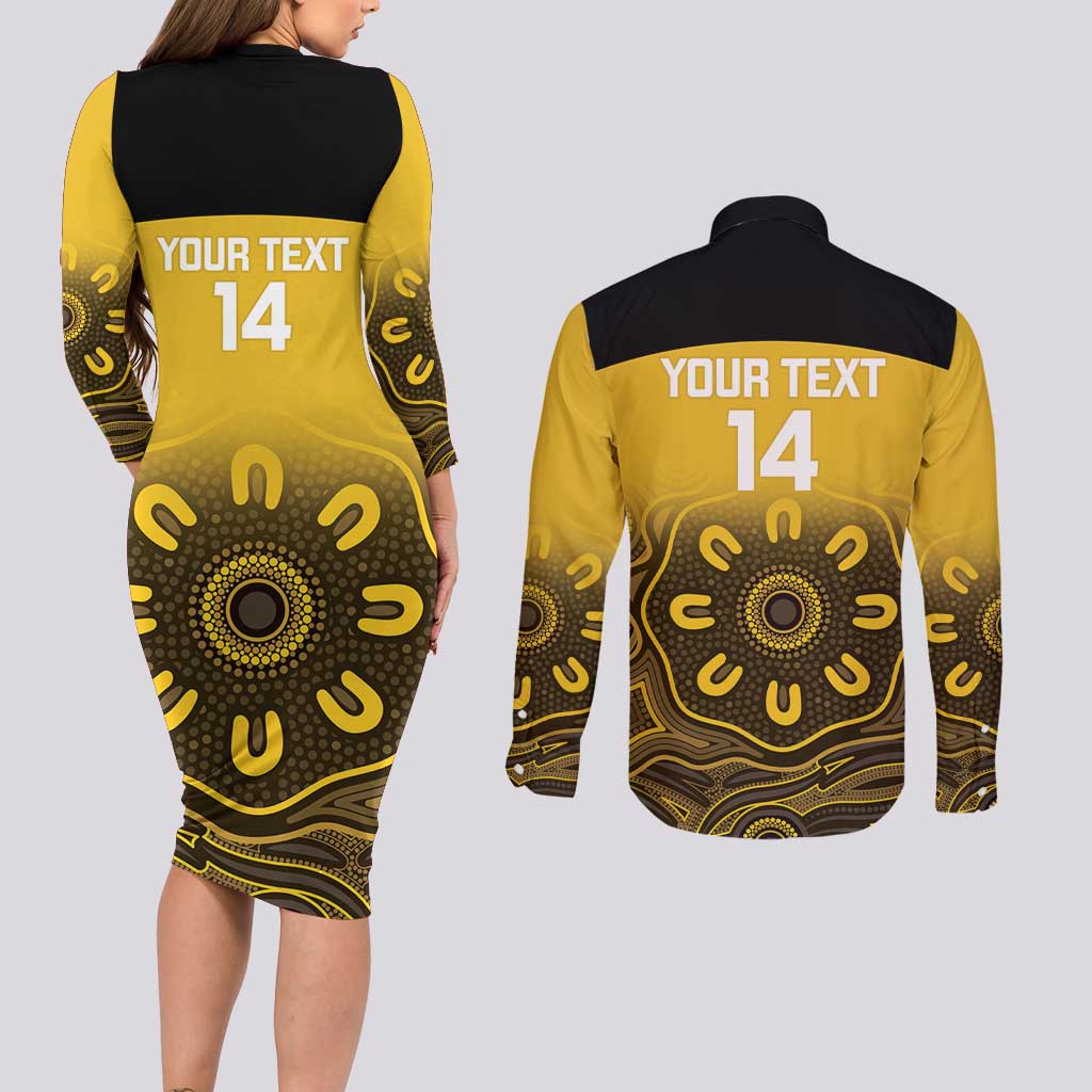 Custom Australia Western Force Couples Matching Long Sleeve Bodycon Dress and Long Sleeve Button Shirt 20 Years Anniversary Aboriginal Yellow Version