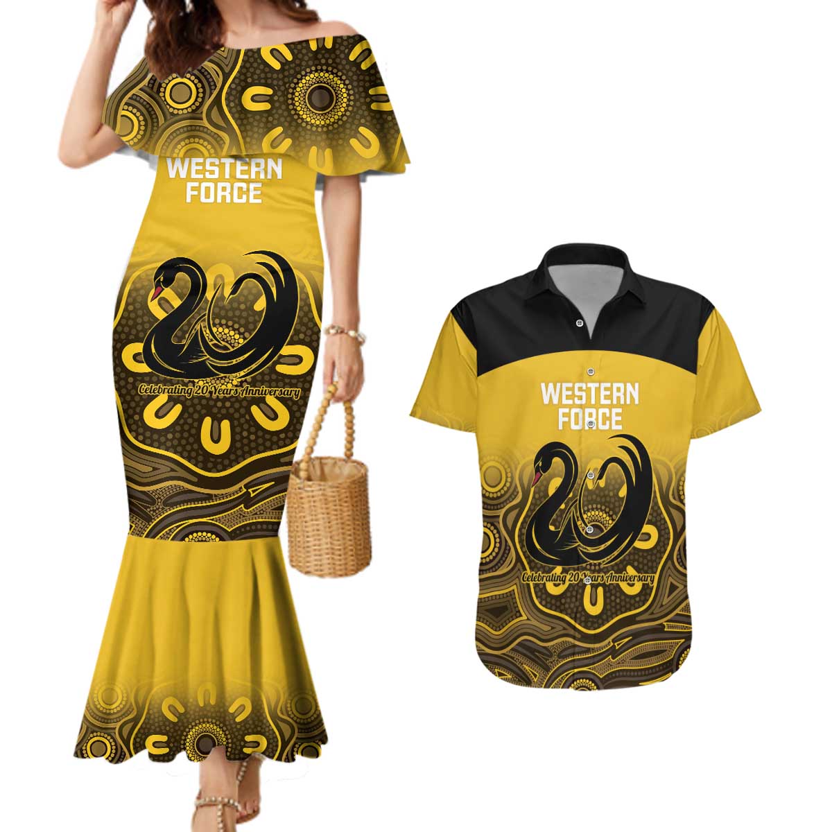 Custom Australia Western Force Couples Matching Mermaid Dress and Hawaiian Shirt 20 Years Anniversary Aboriginal Yellow Version