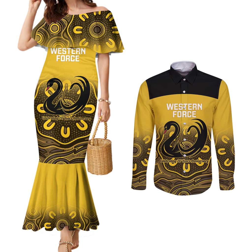 Custom Australia Western Force Couples Matching Mermaid Dress and Long Sleeve Button Shirt 20 Years Anniversary Aboriginal Yellow Version