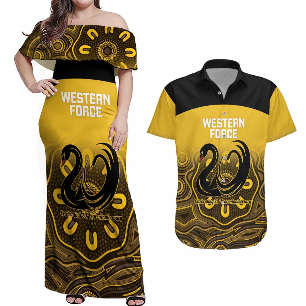 Custom Australia Western Force Couples Matching Off Shoulder Maxi Dress and Hawaiian Shirt 20 Years Anniversary Aboriginal Yellow Version