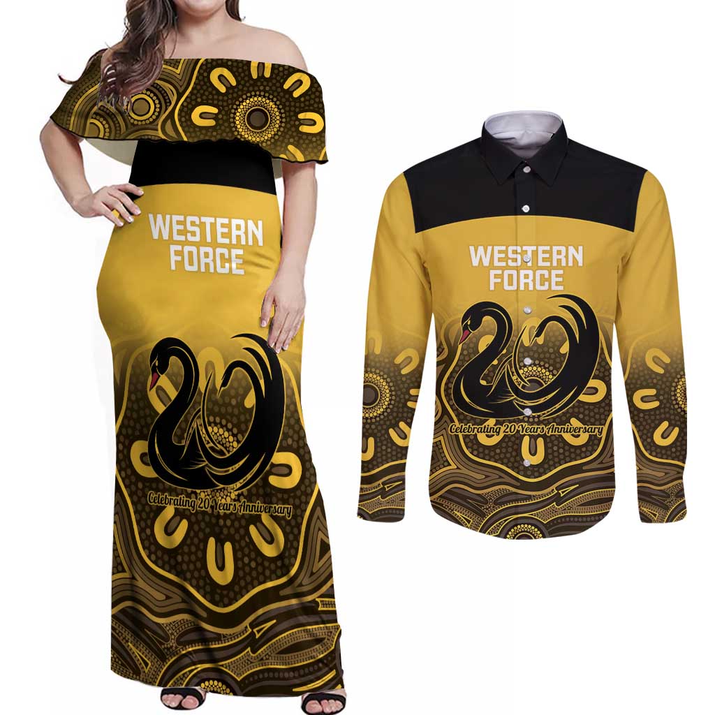 Custom Australia Western Force Couples Matching Off Shoulder Maxi Dress and Long Sleeve Button Shirt 20 Years Anniversary Aboriginal Yellow Version
